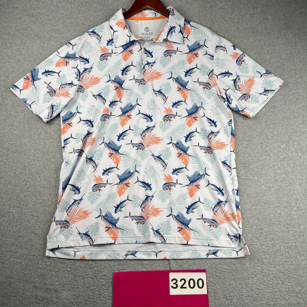 Scales Fish All Over Print Performance Polo Shirt Mens Large Stretch Casual